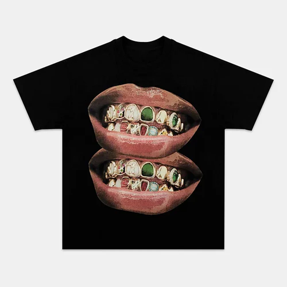 Exclusive Fashion Gold & Jade Grills Lip Print Tee